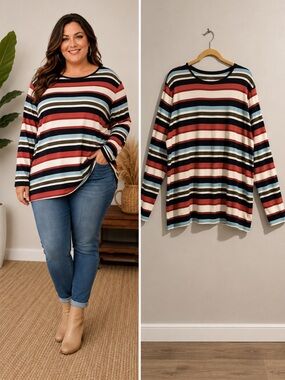 Talbots Plus 3X 100% Cotton Striped Long Sleeve Knit Casual Tee Multicolor